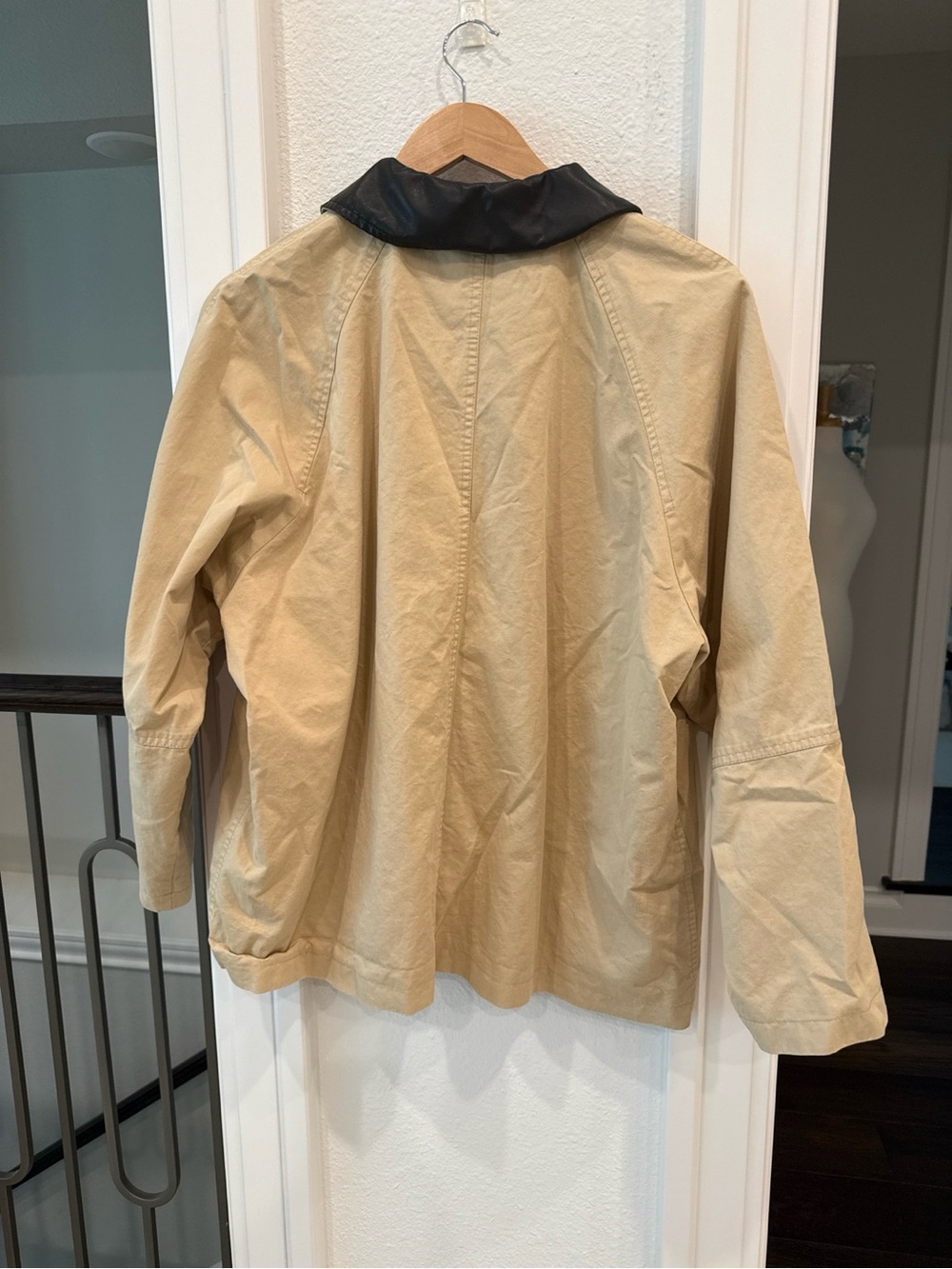 NIA Beige Utility Jacket Black Faux Leather Collar Zip Snap Medium - Picture 5 of 5